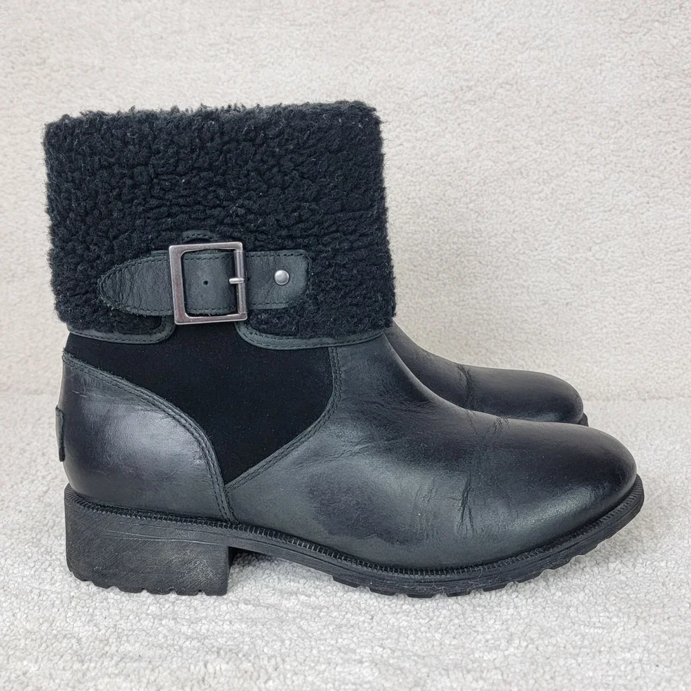 UGG‎ Women's 9 Elings Black Leather Shearling Gorpcore Moto Waterproof Boots